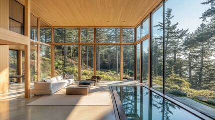 Sunlit open room with floor-to-ceiling windows, creating a seamless connection to the surrounding landscape