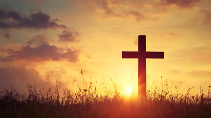 Peaceful Sunset with Cross in Countryside Grassland Landscape : Generative AI