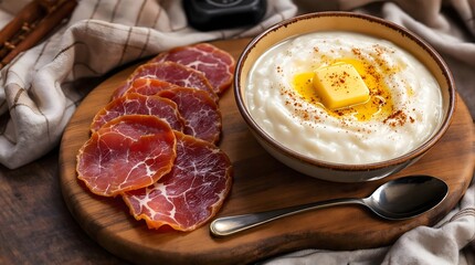 R&oslash;mmegr&oslash;t med Spekemat (Sour Cream Porridge with Cured Meats) Topped with Butter and Spices (Norwegian Cuisine)