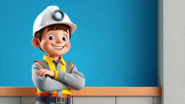 Happy animated construction worker smiling confidently while leaning on a desk with a blue background.