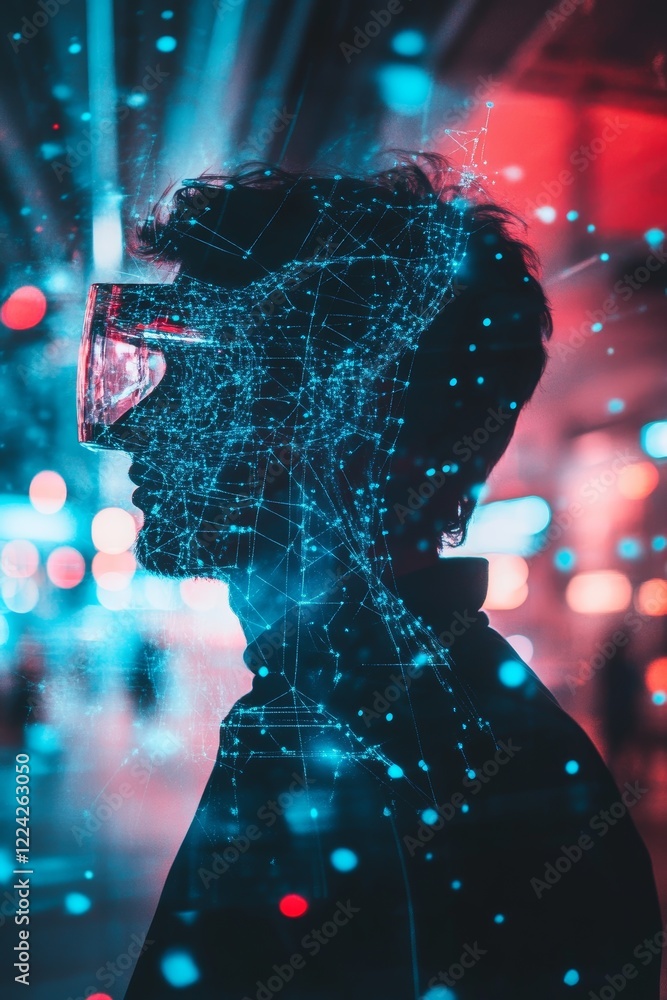 Poster exploring the intersection of technology and reality in a neon-drenched digital world