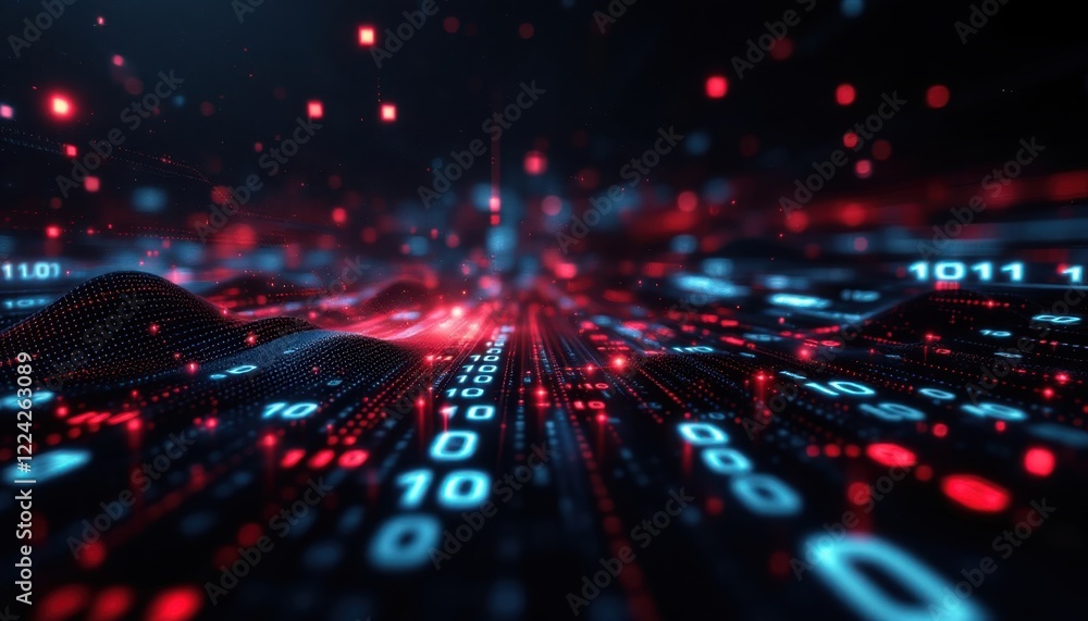 Poster futuristic digital landscape of binary code and red led lights