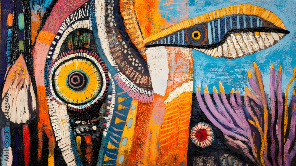 Fototapete vibrant abstract painting with colorful geometric patterns and organic forms : generative ai