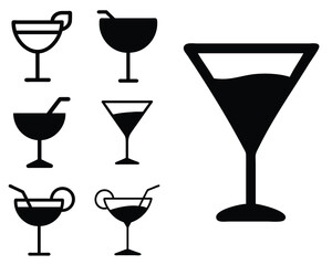 Elegant cocktail glass icons featuring various drink styles, perfect for bar menus, restaurant branding, and party invitations. Ideal for mixology, wine, and beverage-related designs.