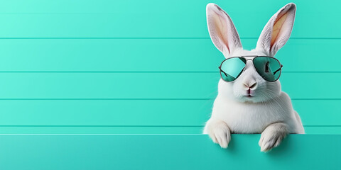 White rabbit in sunglasses on turquoise background. Easter and humor content