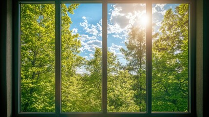 The apartment window frames a breathtaking panorama of tall green trees swaying under a sunny sky with soft white clouds
