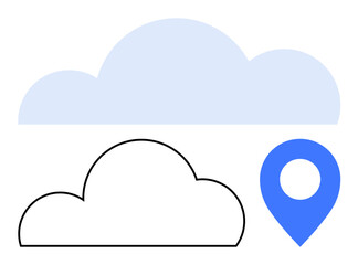 Fototapeta premium Two cloud shapes, one outlined and one filled, accompanied by a blue location marker. Ideal for data storage, cloud computing, geolocation, navigation, weather technology and internet themes. Line