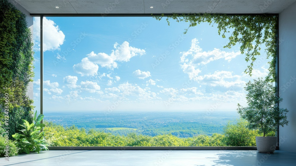 Poster the large window of an apartment frames a view of endless greenery and a cloudless blue sky, creatin