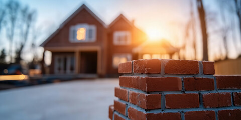 Brick wall near house with sunset and window light. Real estate and construction content