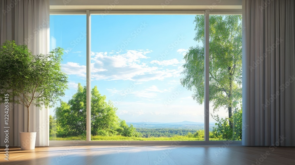 Poster the large window of an apartment frames a view of endless greenery and a cloudless blue sky, creatin