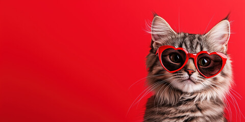 Gray cat in heart shaped sunglasses on red background. Valentines day and pets lifestyle content