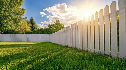 Fototapeta premium The vibrant green grass and a classic white fence stand out vividly under the bright and sunny blue sky