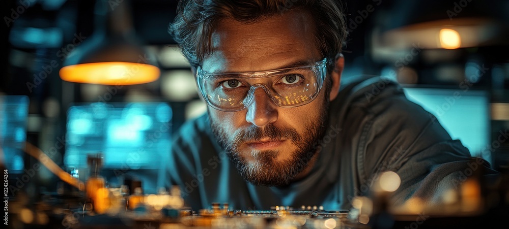 Poster focused technician testing circuit boards at workbench in high-tech technology lab