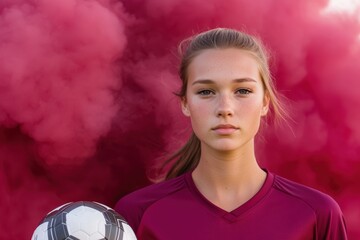 Young Female Soccer Player With Red Smoke Background