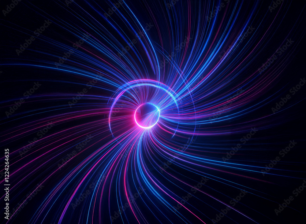 Poster a mesmerizing swirl of vibrant blue and pink light streaks emanate from a central glowing core, crea