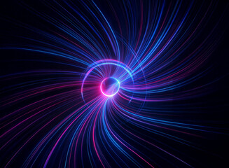 A mesmerizing swirl of vibrant blue and pink light streaks emanate from a central glowing core, creating a dynamic, energetic abstract composition.