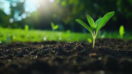 Fototapeta premium Young sapling growing in soil under sunlight in field. Gardening and sustainability themes