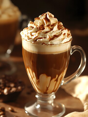 Luxurious Coffee with Whipped Cream in a Clear Glass Mug for an Indulgent Cafe Experience : Generative AI