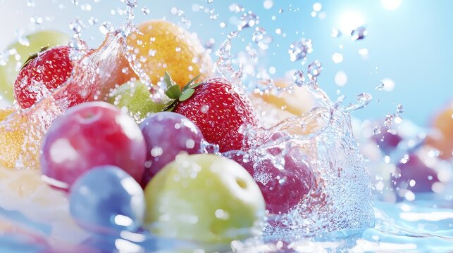 Fresh fruit splash, vibrant colors, healthy eating, food photography, website banner