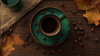 Autumn coffee cup, beans, leaves, wood, rustic, overhead