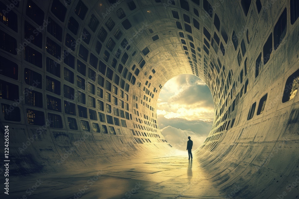 Poster surreal tunnel architecture with imposing light and futuristic design