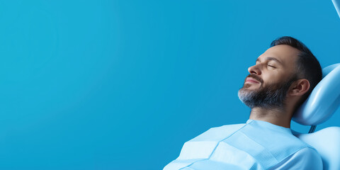Patient relaxing in dental chair with closed eyes. Medical and healthcare concept