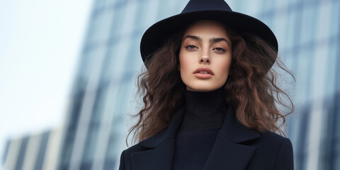 Woman in black hat and coat near modern building. Fashion and urban lifestyle concept