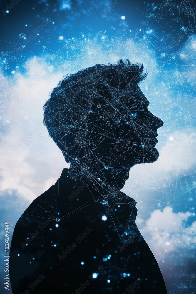Poster exploring the digital mind: a silhouette journey in an abstract networked universe