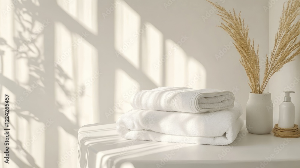 Poster white bedding sheets folded into a tidy stack, resting on a minimalist bathroom table in a bright an