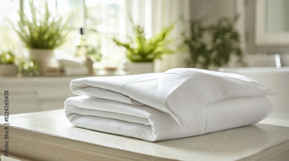 Poster white bedding sheets folded into a tidy stack, resting on a minimalist bathroom table in a bright an