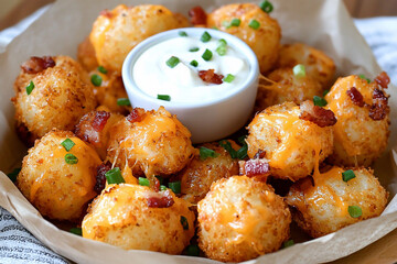 Fototapeta premium Crispy cheese balls with bacon bits served with a creamy dip on a rustic table setting
