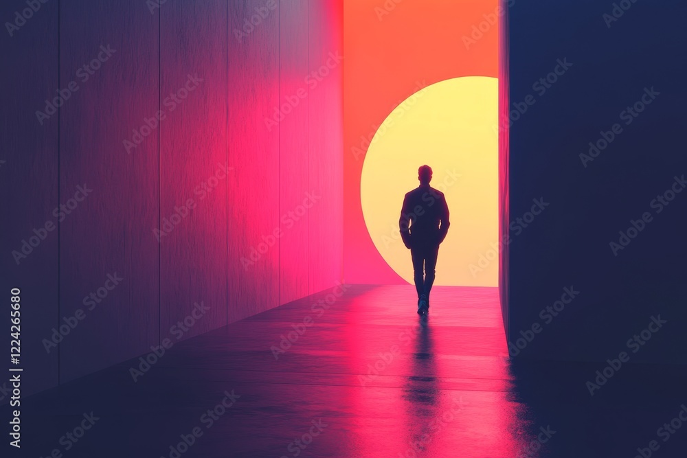 Poster exploring the journey of solitude through vivid color and light in a modern space