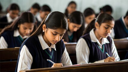  Indian students sitting in rows in an exam hall, concentrating on their papers, with a focus on the seriousness and discipline during examinations.
