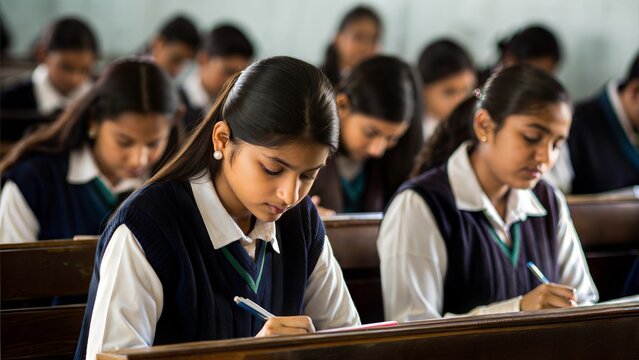  Indian students sitting in rows in an exam hall, concentrating on their papers, with a focus on the seriousness and discipline during examinations.
