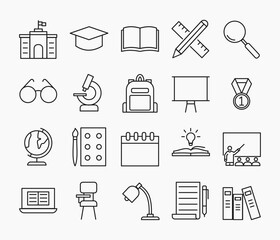 Set of Education icons in simple thin line. Collection of icons related to school, including globe, Bachelor's hat, blackboard, chair, lamp, book, ruler, etc. Editable stroke. Vector ilustration