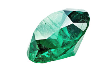 A stunning green emerald gemstone glistens in bright light, showcasing its brilliant facets and natural beauty against a soft white background isolated on transparent background