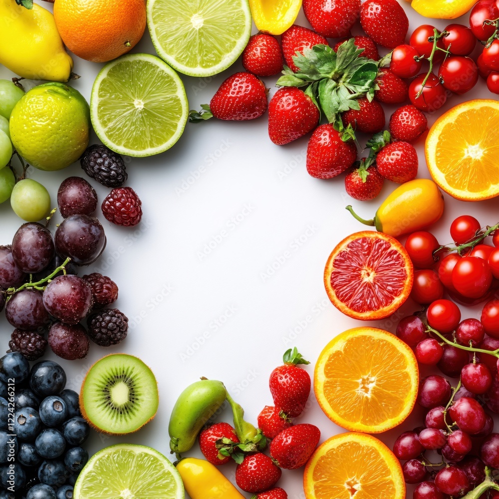 Aufkleber vibrant fruit assortment on white background creating a colorful frame for text or design