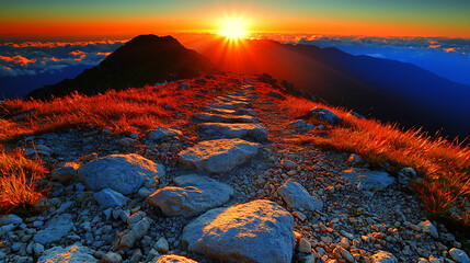 Naklejka premium Vibrant sunrise over a rocky mountain trail with warm golden light
