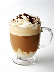 Luxurious Cappuccino with Whipped Cream Topping in Clear Glass Mug : Generative AI