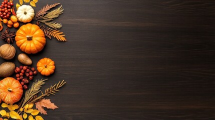 Festive Harvest: Thanksgiving Banner with Pumpkins, Veggies & Decor on Dark Wood Background