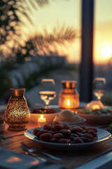Ramadan iftar breaking fast with dates and water. Arabic lantern on the table. Dinner in the restaurant