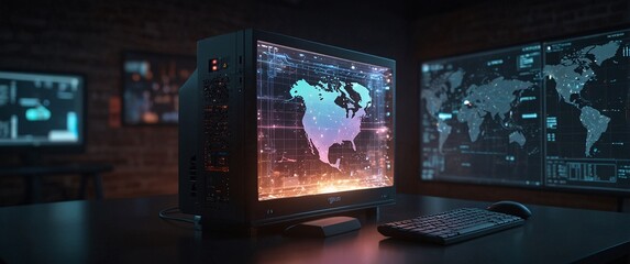 Cybersecurity Command Center: A dramatic, cinematic view of a high-tech command center, featuring a central monitor displaying a dynamic map of North America overlaid with data streams.