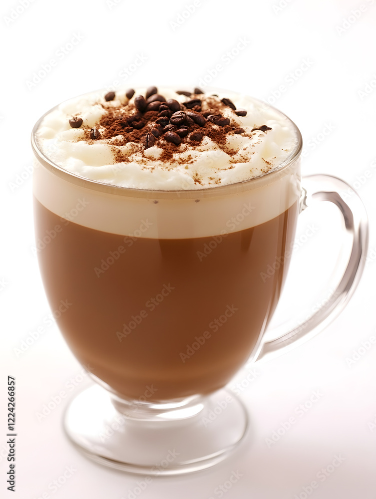 Poster single mocha latte in a clear mug with whipped cream and coffee beans garnish : generative ai