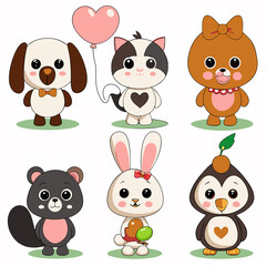 Fototapeta premium Cute cartoon animals dog, cat, bear, rabbit, penguin, and squirrel.
