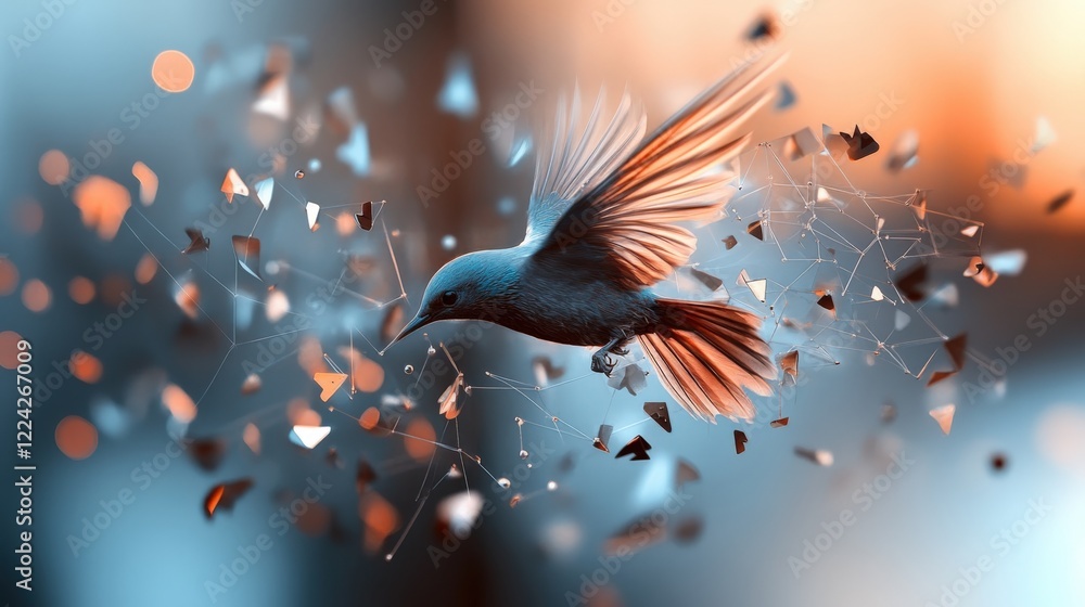 Poster dynamic abstract bird flying through shattered glass particles