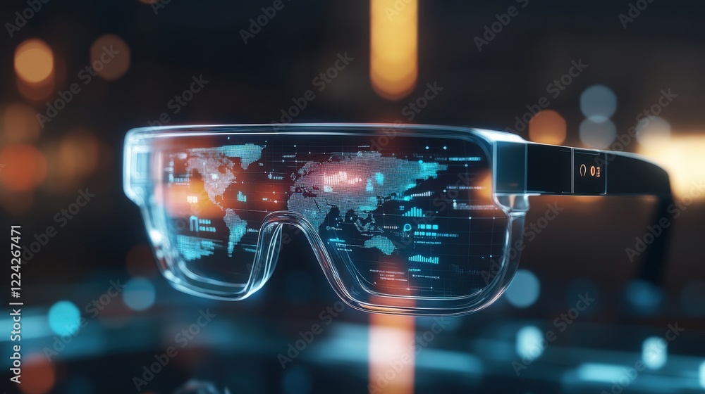 Poster Futuristic Smart Glasses Displaying Digital World Map and Data Visuals