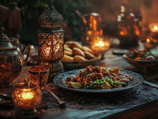 Ramadan iftar dinner at a restaurant. Breaking fast. Traditional muslim gathering sharing food