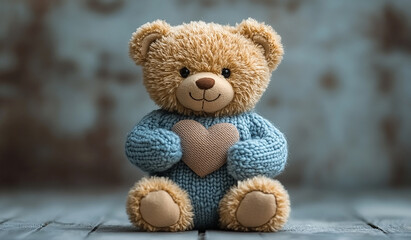 Obraz premium Romantic and Cute Teddy Bear Sitting on a Fluffy Surface, Holding a Red Heart with Gentle Bokeh Lights in the Background