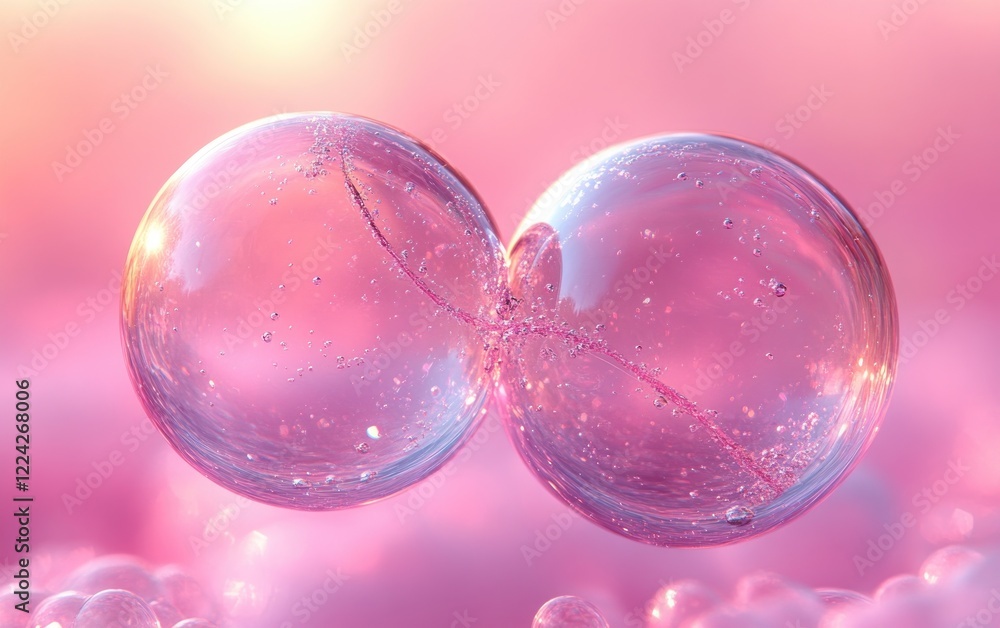 Poster dreamy transparent bubbles on soft pink background 3d rendering