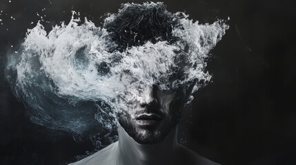 Naklejka premium Surreal Portrait of Man with Water Splashing Over Face in Dark Artistic Conceptual Photography